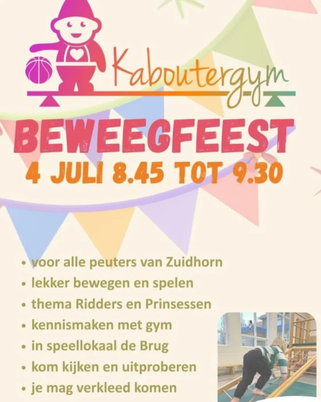 Van onze achterburen van @deboshutkinderopvang ! Heb je een peuter thuis die van bewegen houdt? Kom vrijblijvend naar het beweegfeest en maak kennis met Kaboutergym! De koffie, thee of een fris glas water staat klaar!