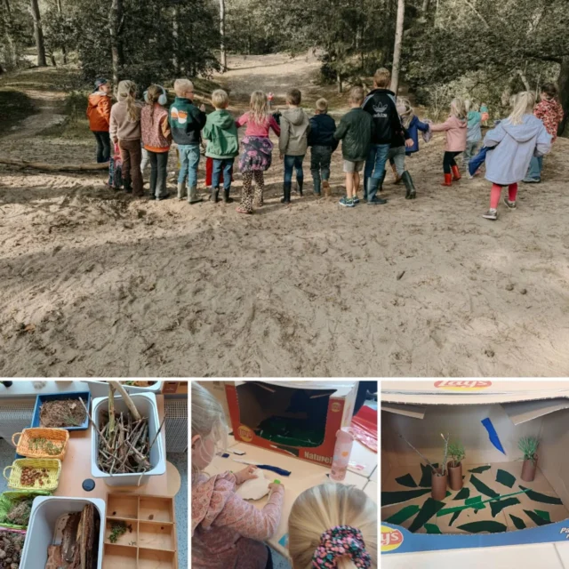 Vorige week is groep 3a naar het bos geweest. Ze keken er goed rond en verzamelden van alles. Op school sorteerden ze de materialen. Tijdens thematijd, in de klas, werkten een paar kinderen aan een eigen bos. Gelukkig is er meerdere keren per week thematijd. Want het is nog lang niet af!