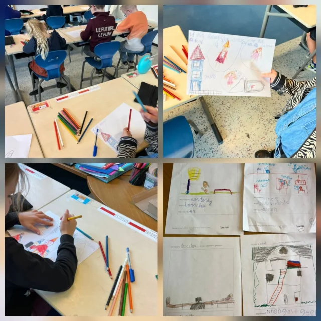 Elke maandag beginnen we in groep 3 (en in meer klassen) met het Vertelpapier. Een tekening maken en daarbij zinnen schrijven over het weekend. De Vertelpapieren hangen de hele week in de klas en worden gepresenteerd aan elkaar😃